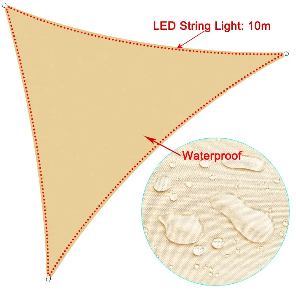 10x10'x10ft Triangle Waterproof Shade Sail Awning Outdoor Romantic Warm 420d Oxford Sun Shade Led Light String