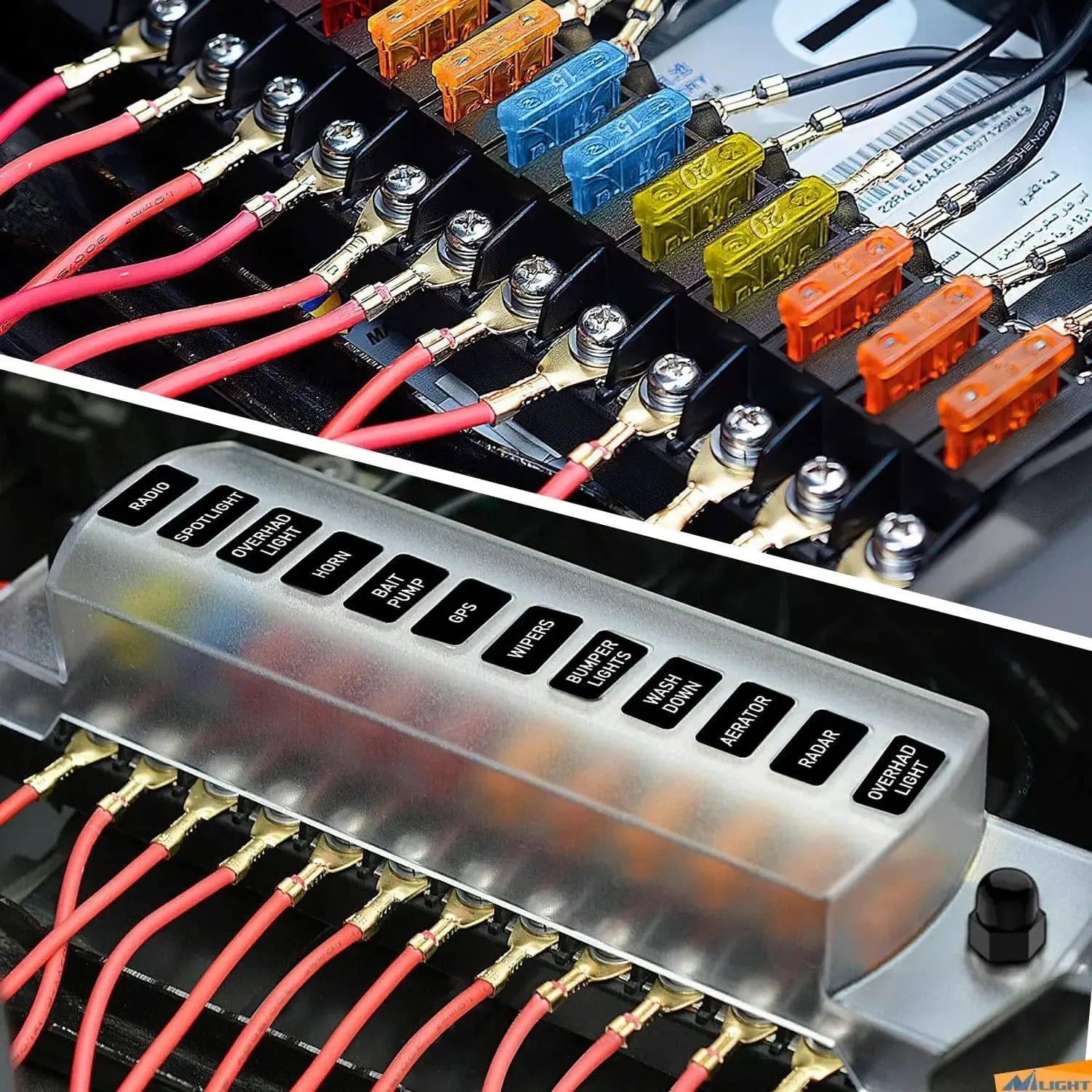 12 Way Fuse Block with Negative Bus 12V Blade Fuse Holder ATC/ATO Standard Fuse Box Label Stickers Waterproof Cover Fuse Panel