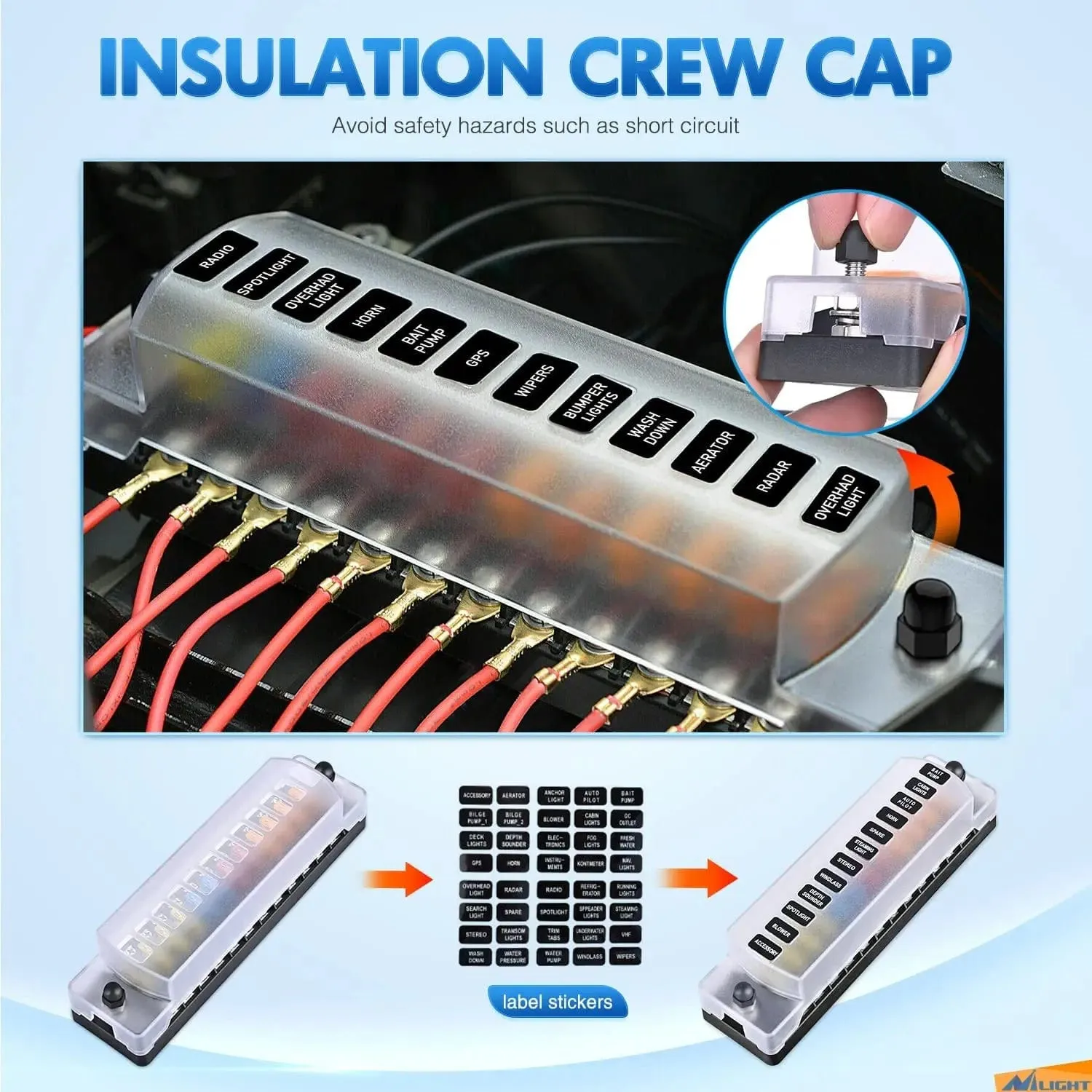 12 Way Fuse Block with Negative Bus 12V Blade Fuse Holder ATC/ATO Standard Fuse Box Label Stickers Waterproof Cover Fuse Panel