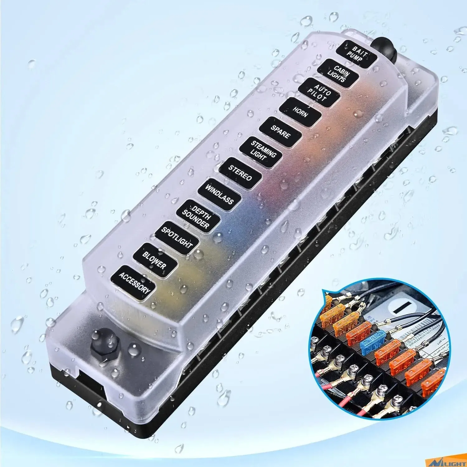12 Way Fuse Block with Negative Bus 12V Blade Fuse Holder ATC/ATO Standard Fuse Box Label Stickers Waterproof Cover Fuse Panel