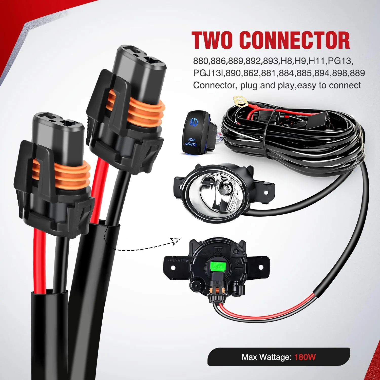 16AWG Wire Harness Kit 12V Heavy Duty 5PIN Rocker Switch Relay Blade Fuse Socket Connector For H11 H9 H8 886 889 892 PGJ13 Fog Light Bulbs
