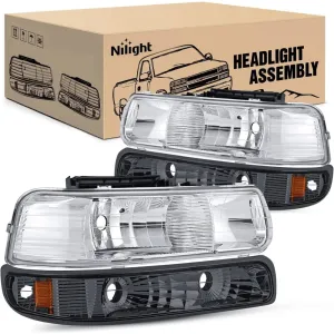 1999-2002 Chevy Silverado Avalanche 1500 1500HD 2500 2500HD 3500 Chevrolet Tahoe Suburban Headlight Assembly Chrome Case Amber Reflector Smoke Lens