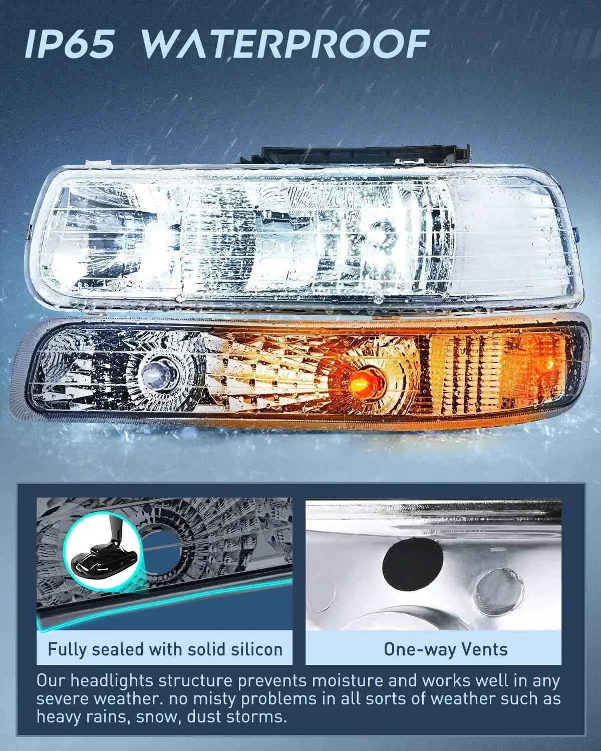 1999-2002 Chevy Silverado Avalanche 1500 1500HD 2500 2500HD 3500 Chevrolet Tahoe Suburban Headlight Assembly Chrome Case Amber Reflector Smoke Lens