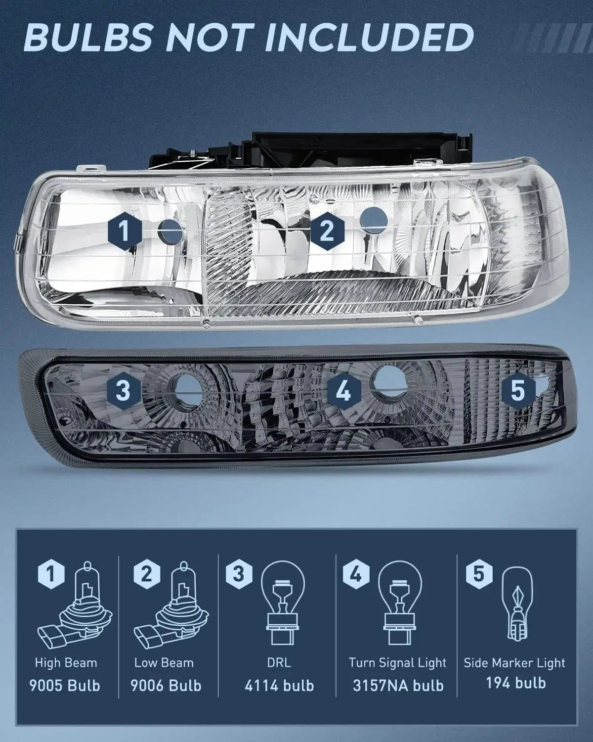 1999-2002 Chevy Silverado Avalanche 1500 1500HD 2500 2500HD 3500 Chevrolet Tahoe Suburban Headlight Assembly Chrome Case Clear Reflector Smoke Lens