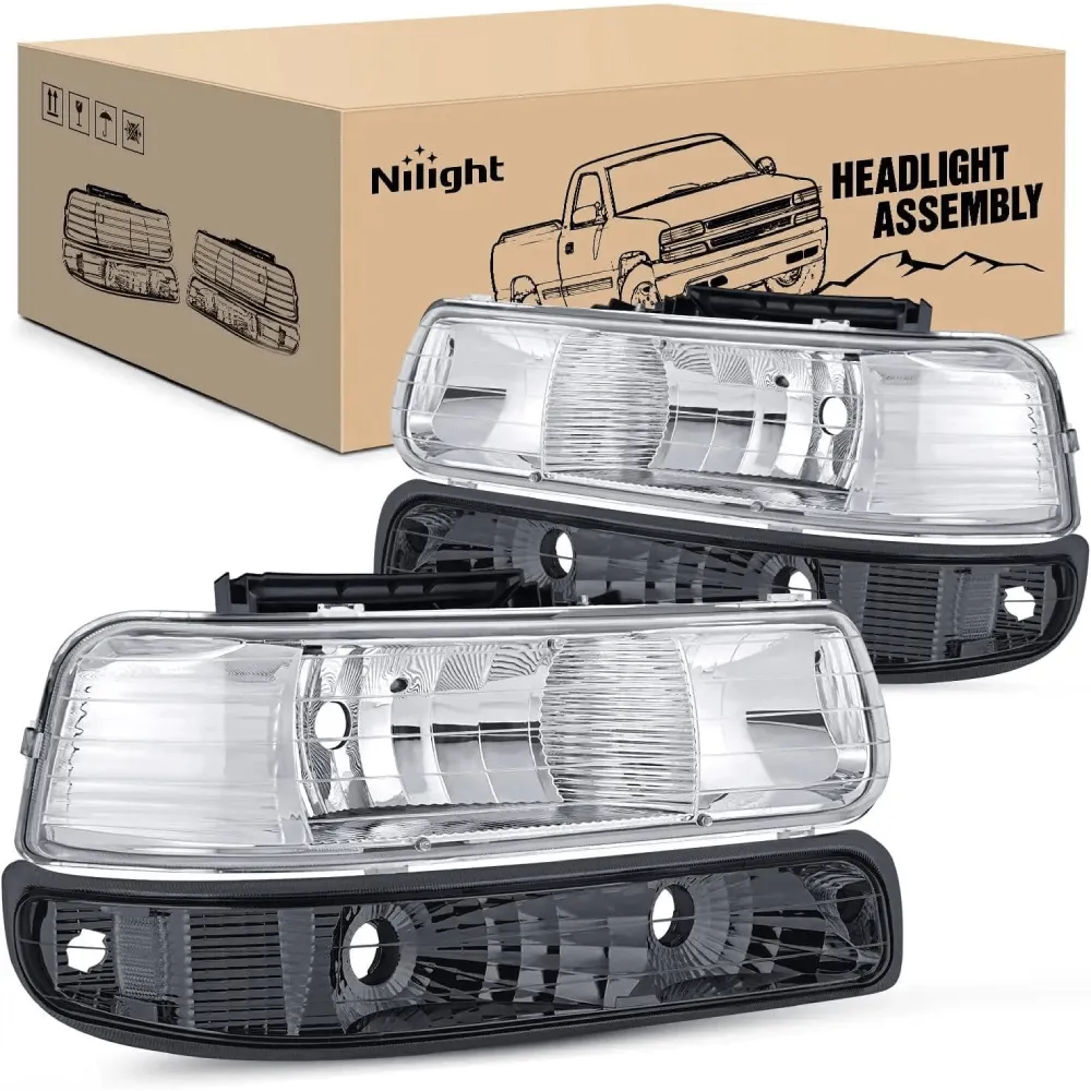 1999-2002 Chevy Silverado Avalanche 1500 1500HD 2500 2500HD 3500 Chevrolet Tahoe Suburban Headlight Assembly Chrome Case Clear Reflector Smoke Lens