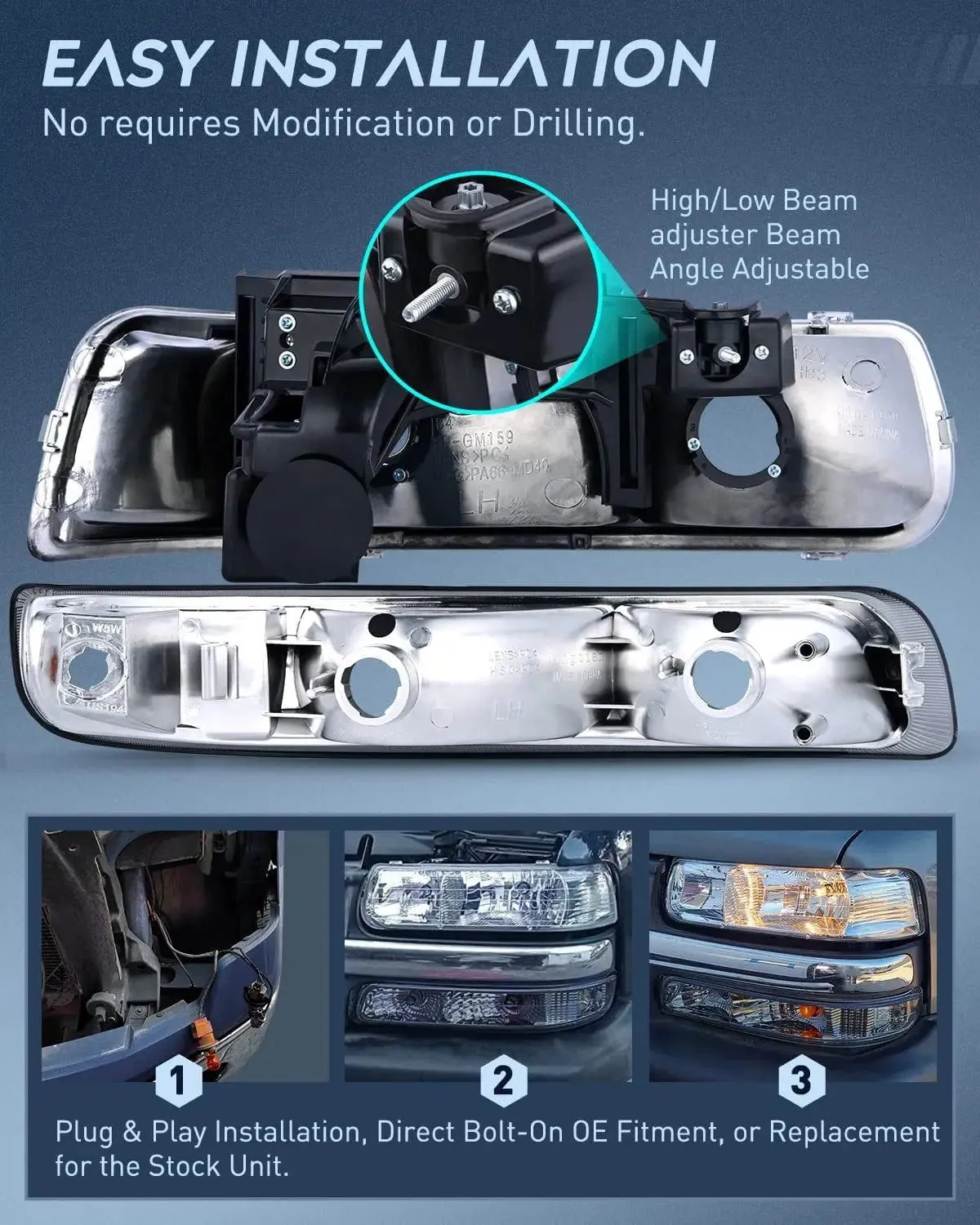 1999-2002 Chevy Silverado Avalanche 1500 1500HD 2500 2500HD 3500 Chevrolet Tahoe Suburban Headlight Assembly Chrome Case Clear Reflector Smoke Lens