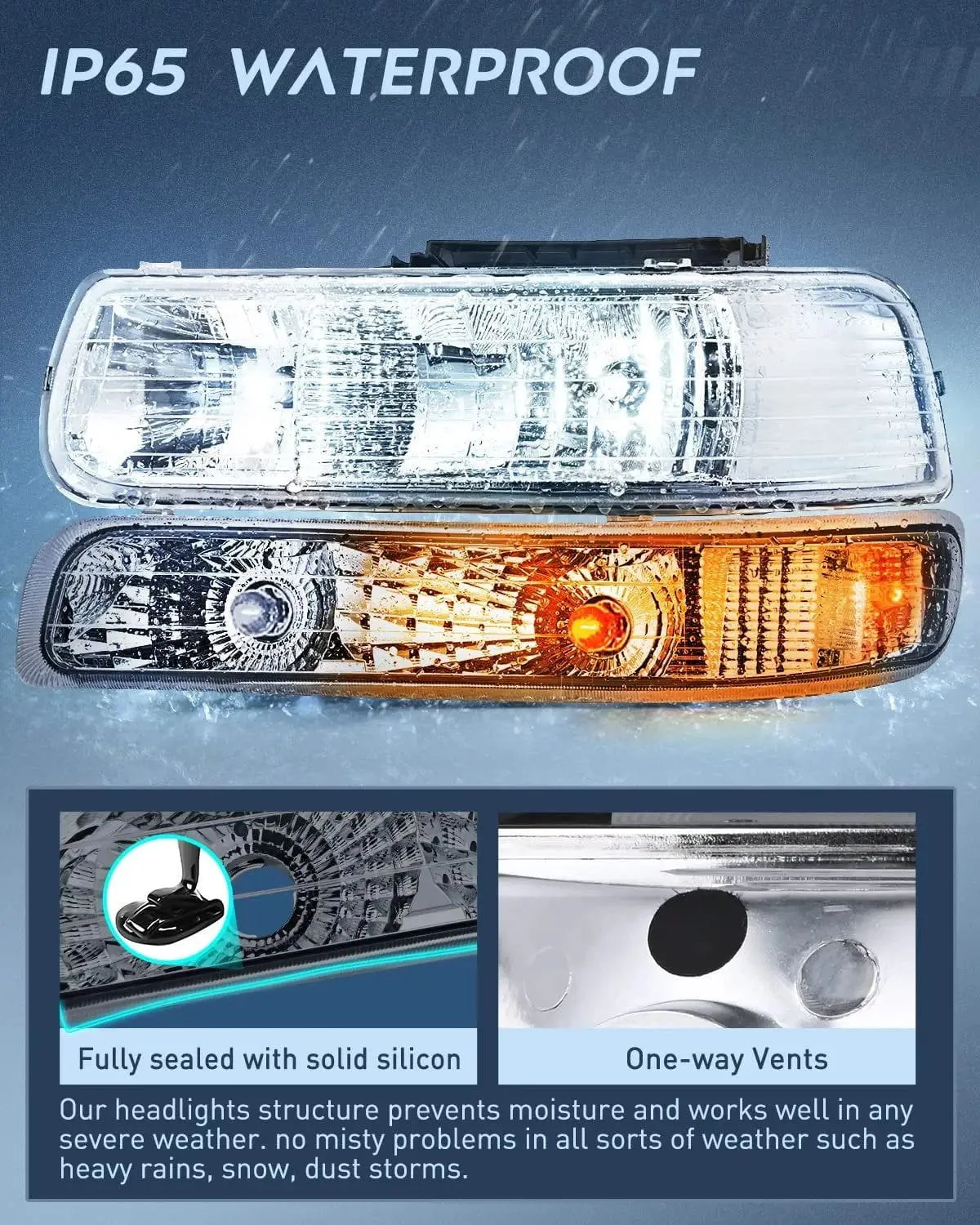 1999-2002 Chevy Silverado Avalanche 1500 1500HD 2500 2500HD 3500 Chevrolet Tahoe Suburban Headlight Assembly Chrome Case Clear Reflector Smoke Lens