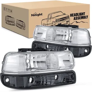 1999-2002 Chevy Silverado Avalanche 1500 1500HD 2500 2500HD 3500 Chevrolet Tahoe Suburban Headlight Assembly Chrome Case Clear Reflector Smoke Lens