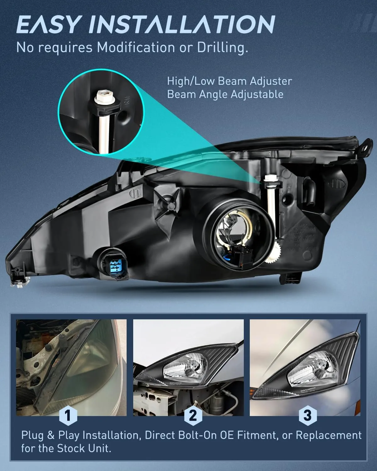 2000-2004 Ford Focus Headlight Assembly Black Housing Clear Reflector Upgraded Clear Lens