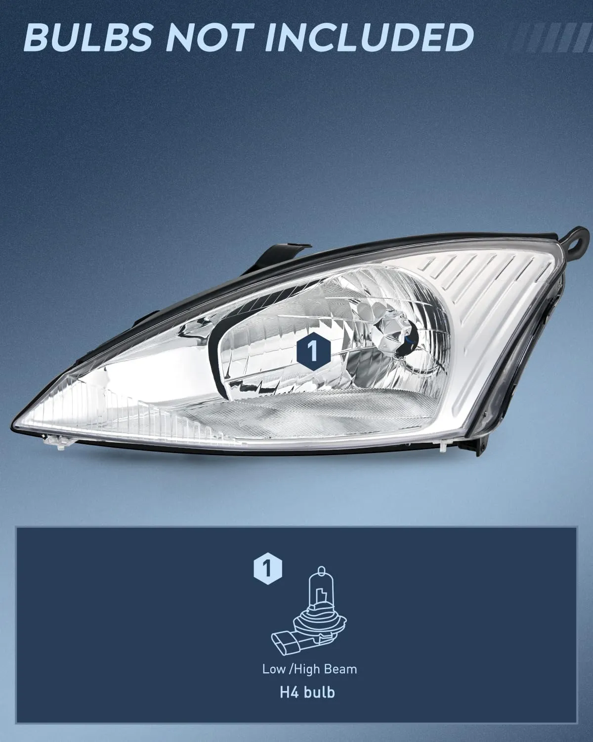 2000-2004 Ford Focus Headlight Assembly Chrome Housing Clear Reflector Upgraded Clear Lens
