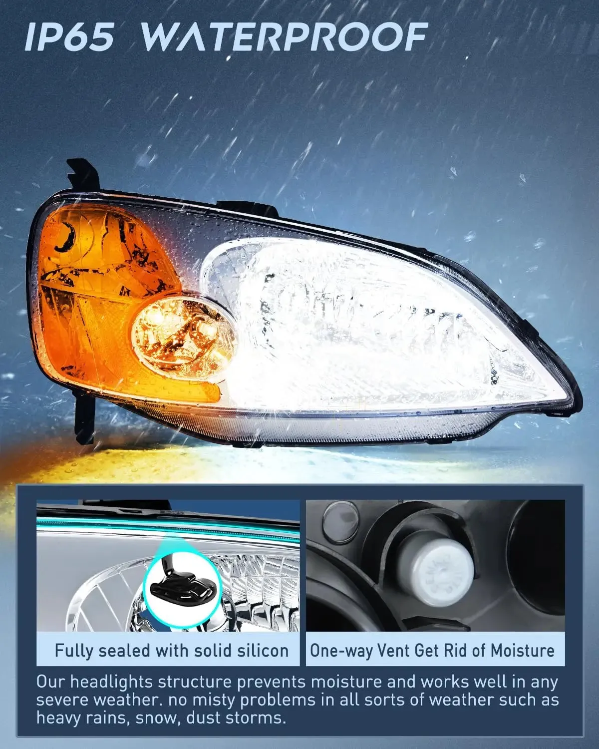 2001-2003 Honda Civic Headlight Assembly Chrome Case Amber Reflector Clear Lens