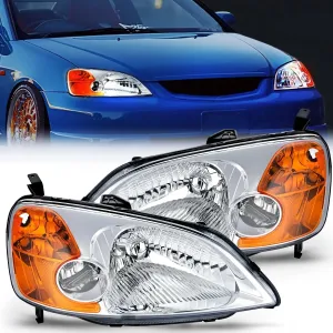 2001-2003 Honda Civic Headlight Assembly Chrome Case Amber Reflector Clear Lens
