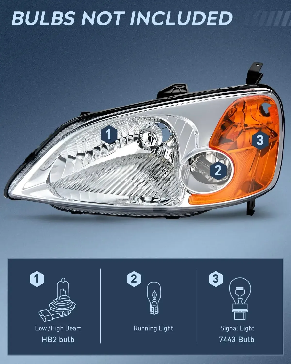 2001-2003 Honda Civic Headlight Assembly Chrome Case Amber Reflector Clear Lens