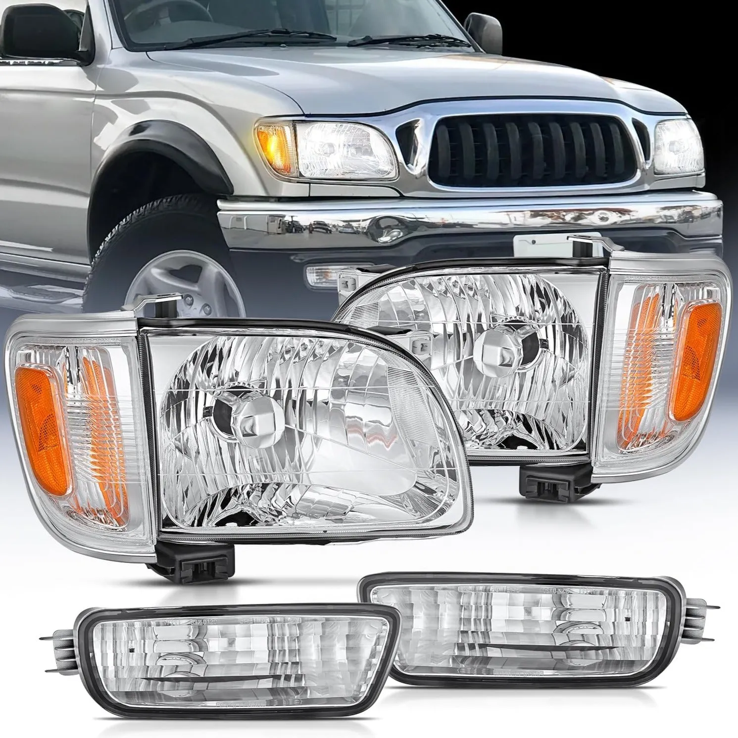 2001-2004 Toyota Tacoma Headlight Assembly Chrome Case Amber Reflector