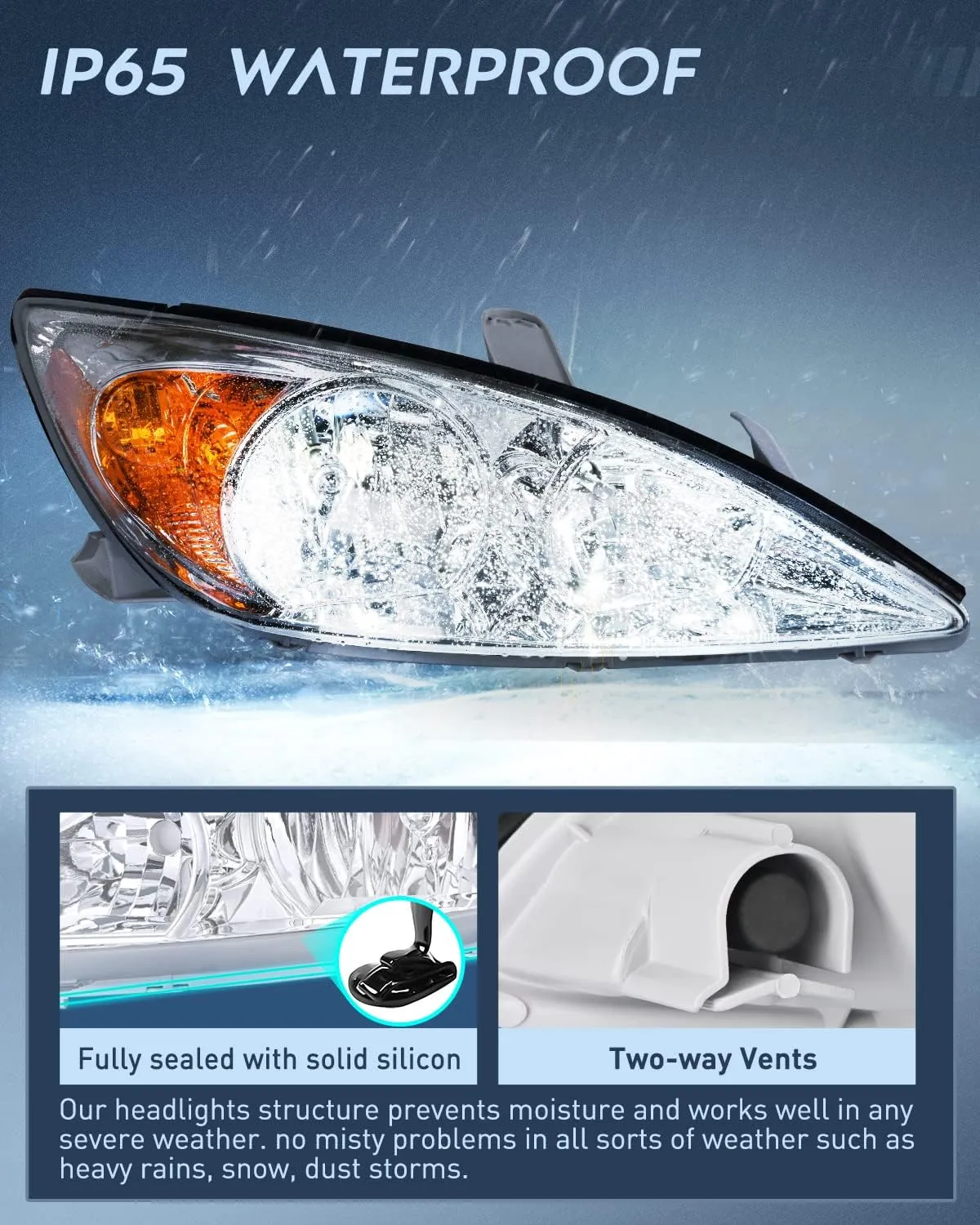 2002-2004 Toyota Camry LE/XLE Headlight Assembly Chrome Case Amber Reflector Clear Lens