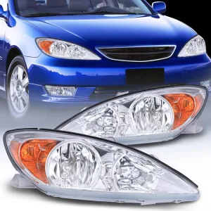 2002-2004 Toyota Camry LE/XLE Headlight Assembly Chrome Case Amber Reflector Clear Lens