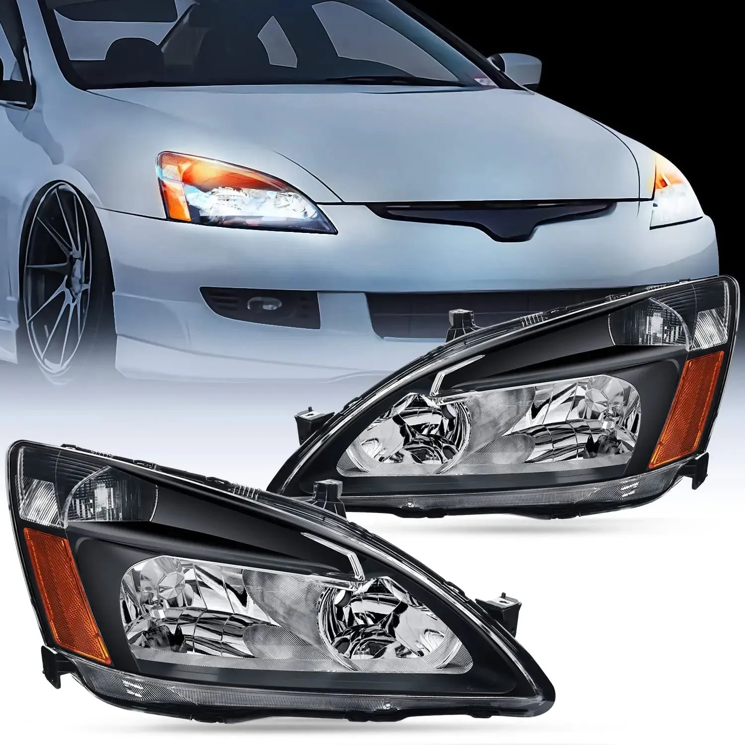 2003-2007 Honda Accord Headlight Assembly Black Case Amber Reflector