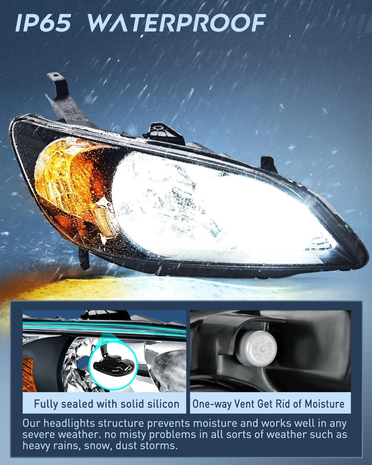 2004 2005 Honda Civic Headlight Assembly Black Housing Amber Reflector Upgraded Clear Lens