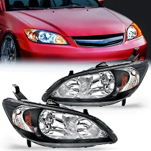 2004 2005 Honda Civic Headlight Assembly Black Housing Amber Reflector Upgraded Clear Lens
