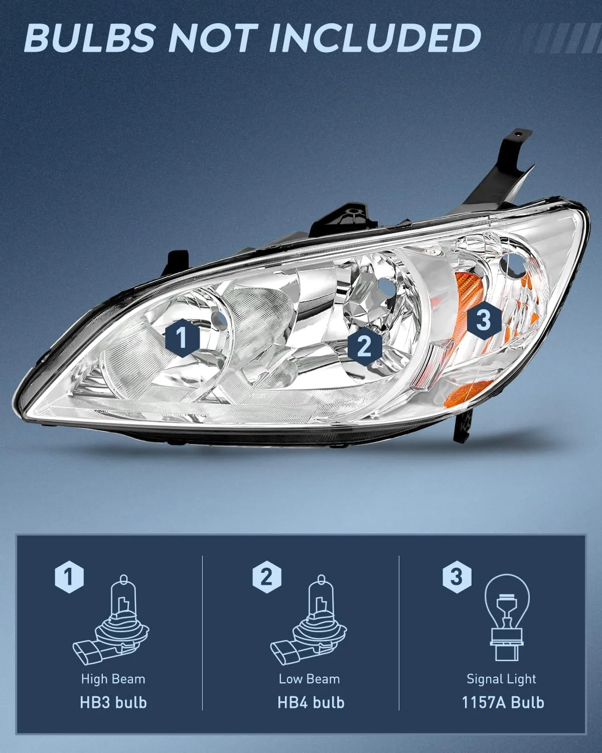 2004 2005 Honda Civic Headlight Assembly Chrome Housing Amber Reflector Upgraded Clear Lens