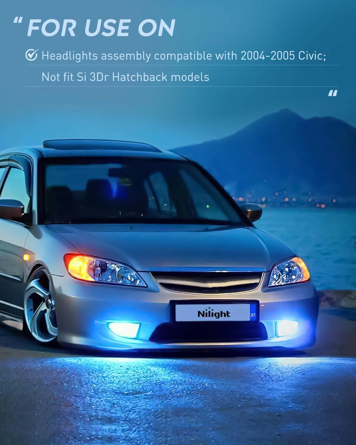 2004 2005 Honda Civic Headlight Assembly Chrome Housing Amber Reflector Upgraded Clear Lens