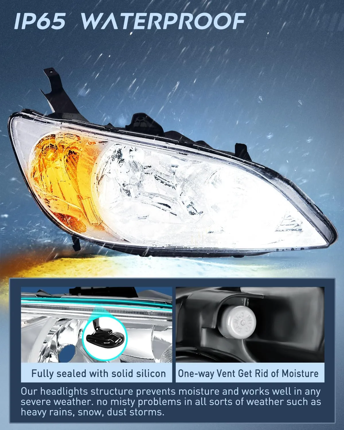 2004 2005 Honda Civic Headlight Assembly Chrome Housing Amber Reflector Upgraded Clear Lens