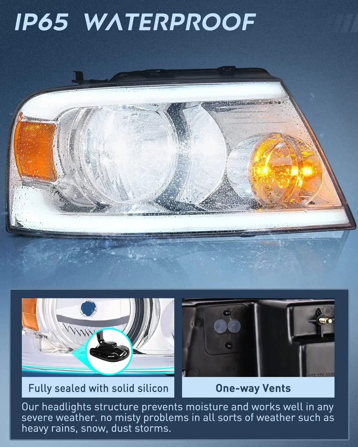 2004-2008 Ford F150 2006-2008 Lincoln Mark LT Led DRL Headlight Assembly Chrome Case Amber Reflector