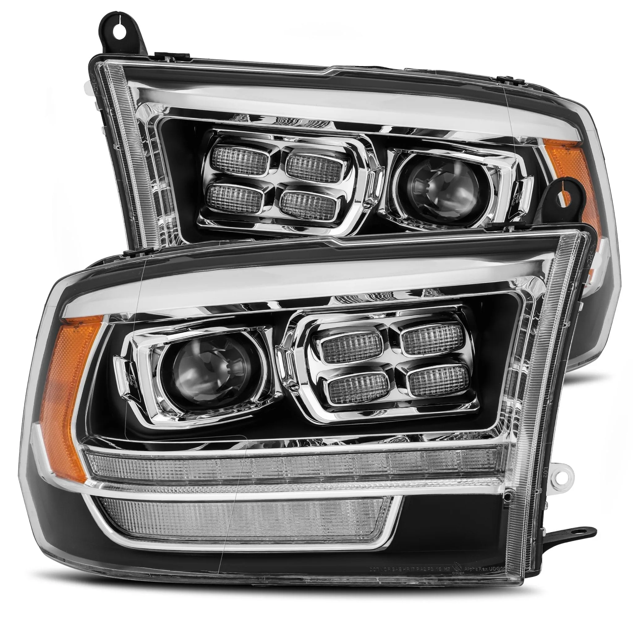 2010- 2018 Dodge Ram Projector Headlights Plank Style Design Black w/ Sequential Signal, Top/Bottom DRL. Alpha Rex 880523
