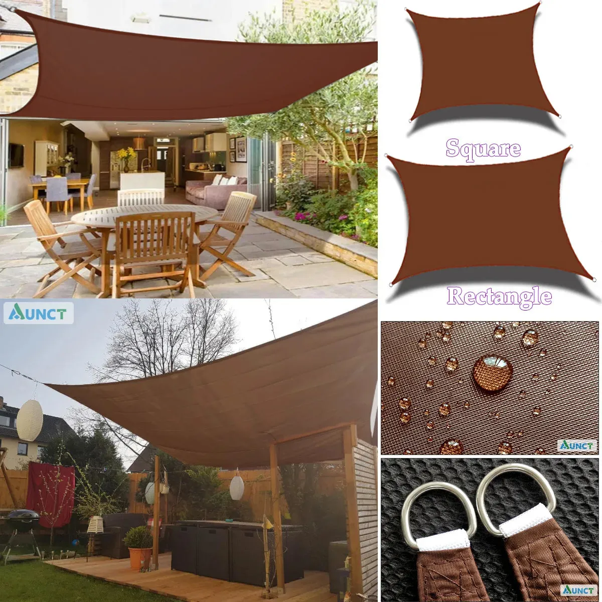 Brown 300d Waterproof Oxford Square Rectangle Sun Shade Sail Garden Yard Shade Sun Canopy Camping Sail Awning