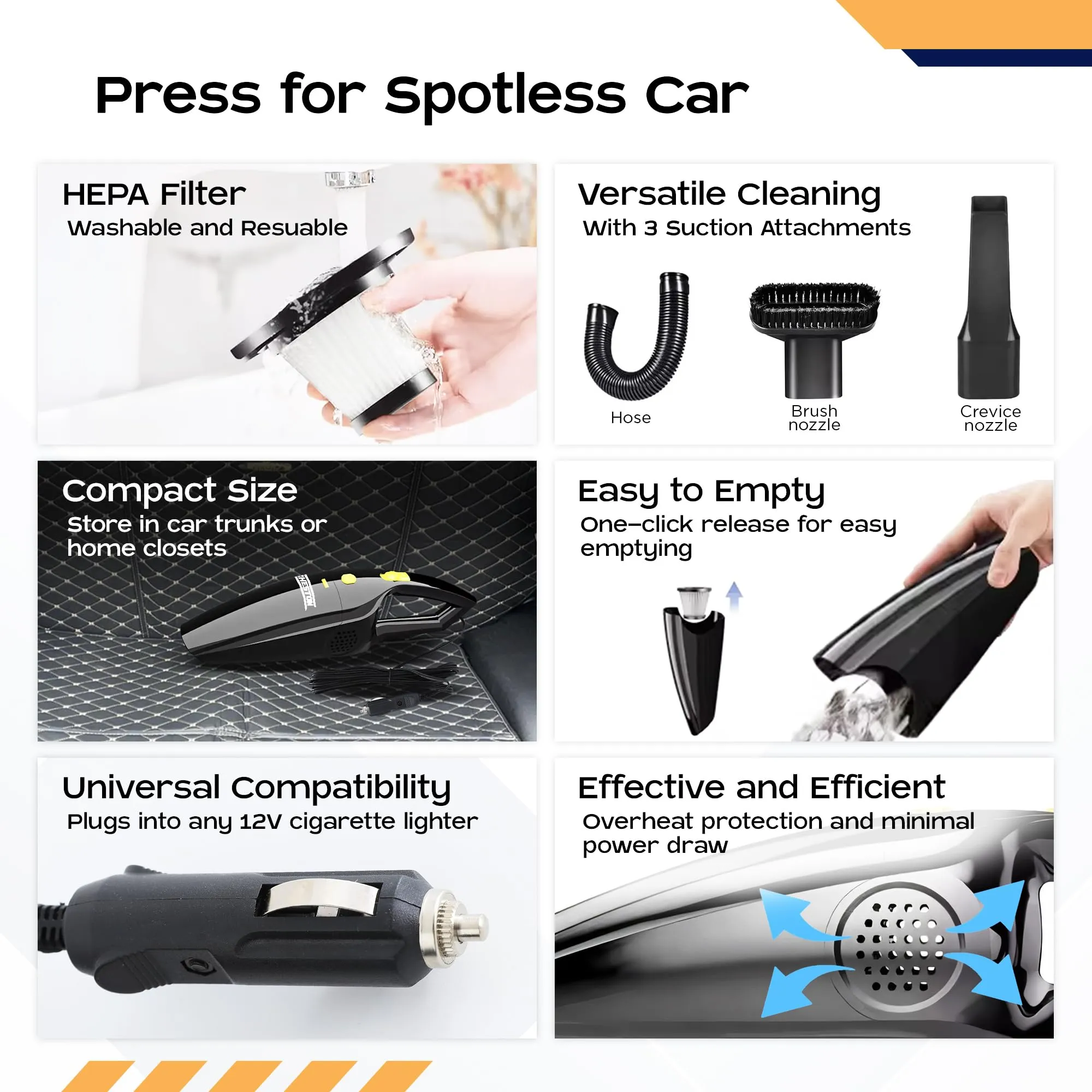 CARBINIC x Cheston Vacuum Cleaner Portable Handheld Interior Mini Vacuum 100W | 4.5m Cord HEPA Filter 4 Nozzle & Accessories | 12V DC Car Seat 3500pa  Suction 3 Attachments | Carry Bag | Black