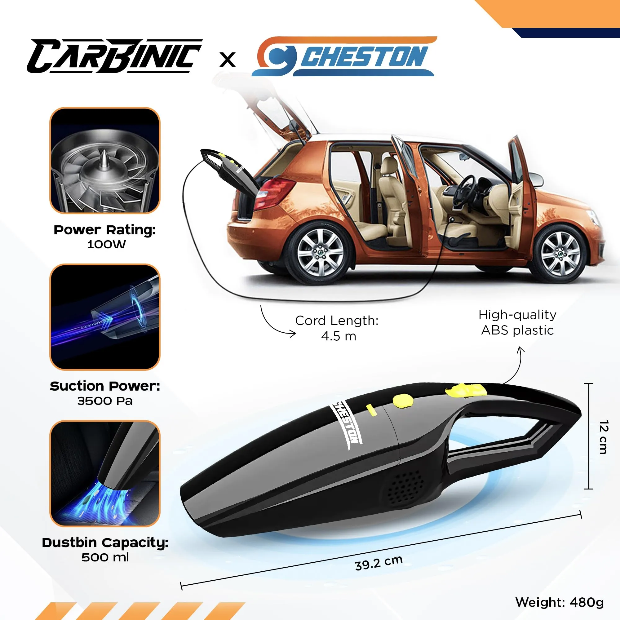 CARBINIC x Cheston Vacuum Cleaner Portable Handheld Interior Mini Vacuum 100W | 4.5m Cord HEPA Filter 4 Nozzle & Accessories | 12V DC Car Seat 3500pa  Suction 3 Attachments | Carry Bag | Black
